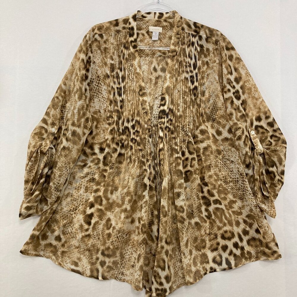 Chicos Size Xl3 Brown Leopard Print Pintuck Tie Front Duster Kimono Vacation